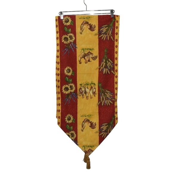 Country Rooster and Sunflower Table Runner With Tassels Yellow Red Cotton 57 in - Picture 3 of 4